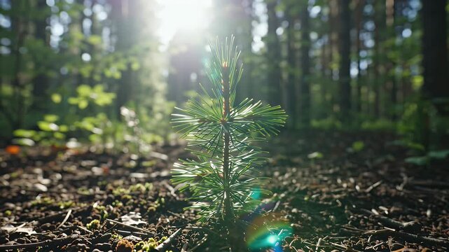 A Tiny Pine Seedling Reaches Up Through Sunlit Forest Floor Shadow and Light
