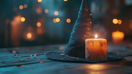 Close-up of a witch&acirc;s hat with warm candle-like magical glow trails, cozy enchanted atmosphere, neutral background for stock use