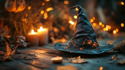 Close-up of a witch&acirc;s hat with warm candle-like magical glow trails, cozy enchanted atmosphere, neutral background for stock use