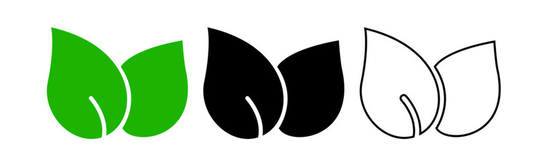 Eco Leaf Icon Set in Green, Black and Outline Style. Vector illustration.