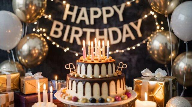 Joyful birthday celebration with cake and gifts