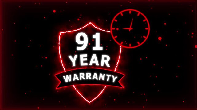 Neon Glowing Shield Badge with 91 Year Warranty Text and Clock Animation on black Futuristic Background.