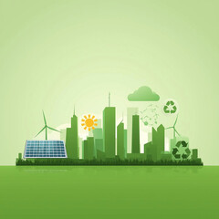 Obraz premium Green City Skyline with Solar Panels, Wind Turbines & Recycling Icons