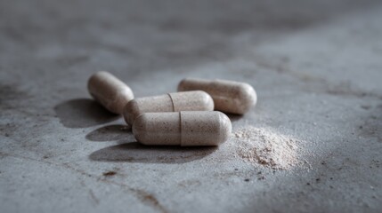 Brown dietary supplement capsules on concrete background for health and wellness pharmaceutical product packaging mockup concepts