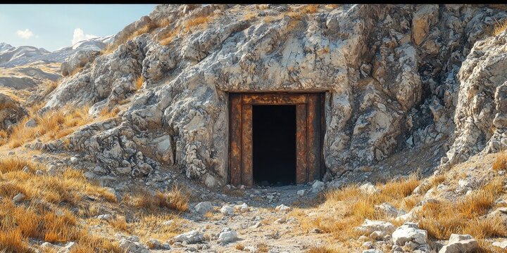 Rusted metal doorway leads into dark tunnel built into rocky hillside with dry grass and stones scattered around. Generative by AI.