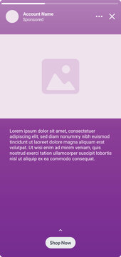 Story ad template. Sponsored account name, product image, description text, swipe up call to action shop now button and close. Social media marketing promotions. Mockup template for smartphone. Phone 