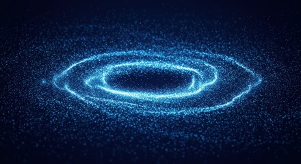 Abstract digital background with glowing particles forming a circular swirl pattern
