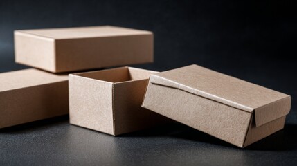 Open brown cardboard boxes on black surface for packaging, delivery logistics, and minimal shipping mockup concepts