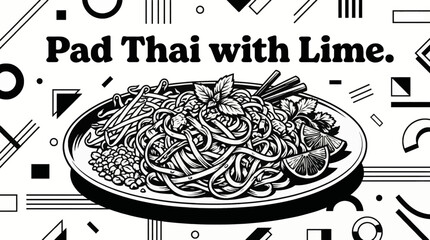 Thai pad thai noodles topped with lime and peanuts Monochrome vector illustration, highlighting popular Southeast Asian street food culture © Ethan