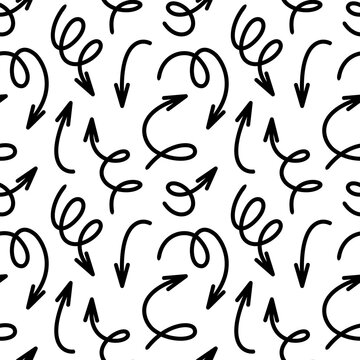 Seamless pattern of black arrows in various shapes and directions