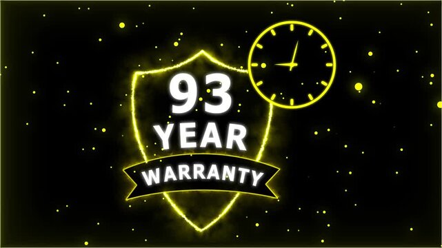 Neon Glowing Shield Badge with 93 Year Warranty Text and Clock Animation on black Futuristic Background.