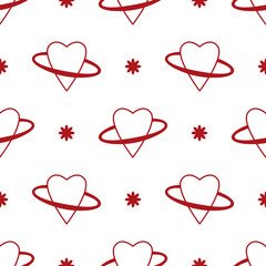 Red Planet Heart Seamless Pattern. Whimsical seamless pattern with hearts and planets, combining love and cosmic themes for creative Valentine designs.