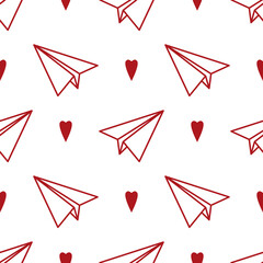 Red Paper Plane Pattern. Playful seamless pattern with red paper airplanes and hearts, ideal for romantic, travel, and whimsical Valentine designs.