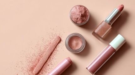 Cosmetic beauty products with pink powder textures for makeup branding and skincare promotional flatlay photography