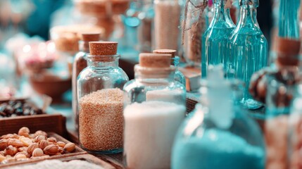 Shelf filled with colorful spice jars for culinary ingredient organization retail or food photography backdrop visuals