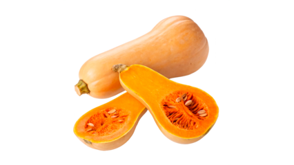 A pumpkin on a transparent background shows a cut piece with orange flesh.