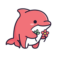 Cute Cartoon Dolphin Holding Flowers Illustration