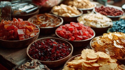 Variety of colorful dried fruits and snacks arranged in bowls at market for food styling or culinary branding