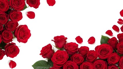 Romantic florals arrangement of ruby red roses, spilling slightly out of frame onto a pure white background, design layout with clear text area