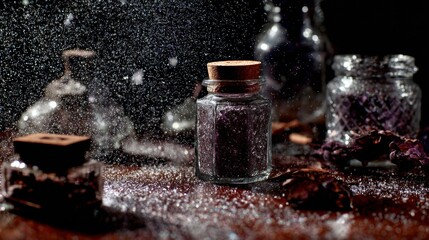 Vintage dark apothecary scene with mist and glass jars for mystery product or perfume branding and storytelling visuals