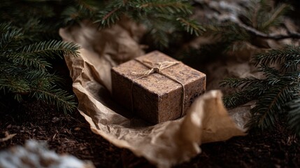 Eco rustic gift box wrapped in kraft paper and twine in forest background for seasonal packaging or nature concepts