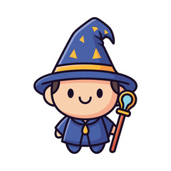 Cute Cartoon Wizard Boy with Magic Wand Vector Illustration