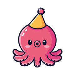 Cute Pink Octopus with Party Hat Vector Illustration