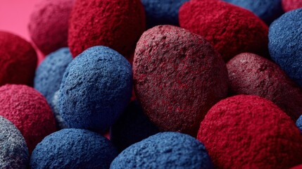 Closeup of textured colorful bath bombs in blue and red tones for spa beauty or wellness product advertisement visuals