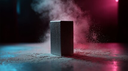 Black soap bar in pink powder explosion on dark background for skincare beauty product branding or advertisement photography