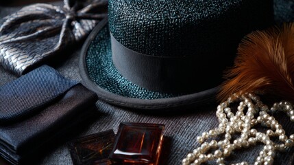 Vintage accessories flatlay with green hat, pearls and perfume for classic fashion or luxury branding visuals