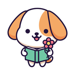 Adorable Cartoon Dog Reading a Book with Flower