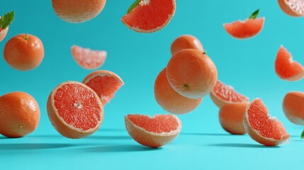 Floating mandarin fruit segments on blue background for fresh food advertisement or creative juice product branding visuals