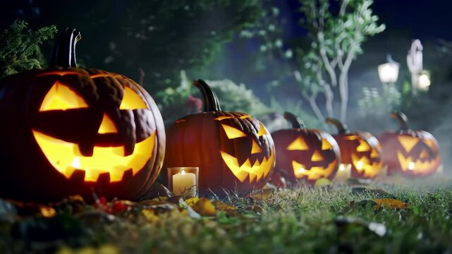 Eerie Halloween Night - Glowing Jack-o-Lanterns Illuminate a Misty Garden Path with Spooky Faces.