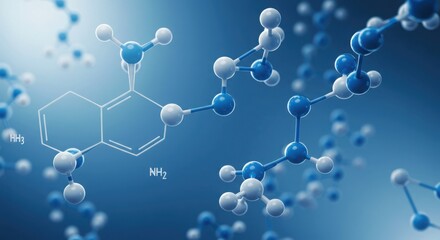 Molecular structure representation of chemical bonds and compounds on a blue gradient background