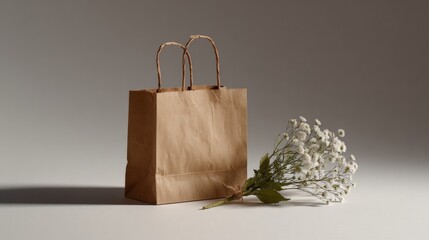 Eco-friendly brown paper shopping bag with white flowers on neutral background for sustainable concept