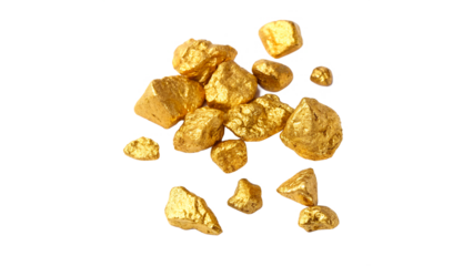 Gold nuggets of various sizes and shapes on a transparent background.