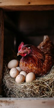 Charming Farmhouse Scene Featuring Brown Hens Nesting on Hay with Fresh Eggs in Rustic Coop