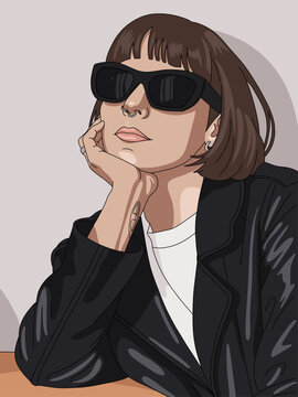 Young Confident Woman Wearing  Trendy Leather Jacket and Sunglasses, Posing on Light Background. Isolated Fashion Portrait Vector Illustration 