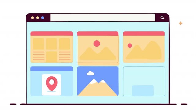 Web browser. Animation demonstrating a content grid, alpha channel. Cartoon