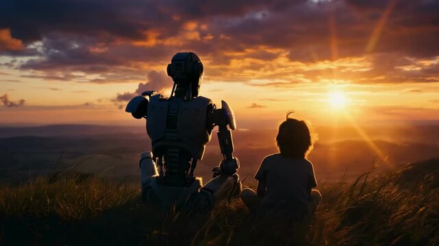 Futuristic humanoid robot and young boy sitting on a grassy hill at sunset. The machine points to the horizon, guiding the child. Artificial intelligence, friendship, and discovery concept