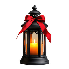 Black lantern with red bow on transparent background