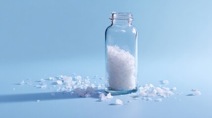 Glass jar with white bath salts on blue background representing clean wellness and spa concept