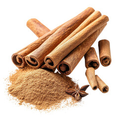Cinnamon sticks and powder on transparent background
