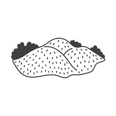 Highlands Mountains Landscape Illustration. Hand drawn fantasy hills scenery with ink texture, minimal aesthetic vector artwork for decoration, childish abstract nature design