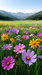Fototapeta premium Vibrant cosmos flowers blooming in mountain meadow valley