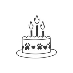 Bakery Cake for Pet Icon. Sweet dessert on plate with paw details and Birthday candles in black outline style. Playful ink sketch artwork simple hand drawn vector element whimsical cafe food design