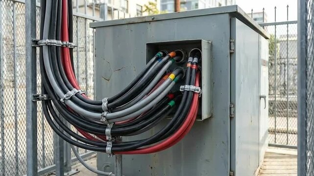 battery storage efficiency grid concept. Electrical junction box with multiple cables connected.