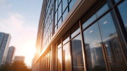 A modern glass facade office building illuminated by bright sunlight with reflections in the