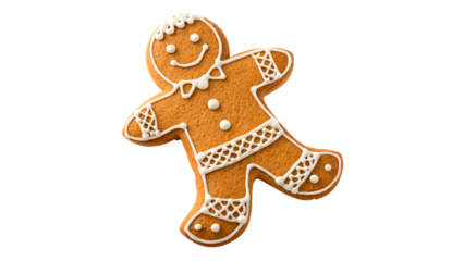Gingerbread man cookie decorated with white icing isolated on transparent background cut out