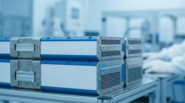 battery storage efficiency grid concept. High-tech server units on a laboratory table in blue tones.